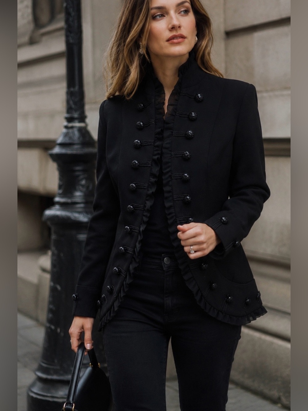 Women's Black Ruffle-Trim Military-Style Blazer